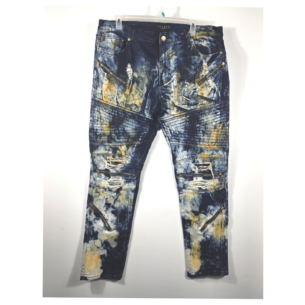 Krome New York Mens 42x32 Moto Biker Jean Acid Wash Distressed Blue Yellow Splat